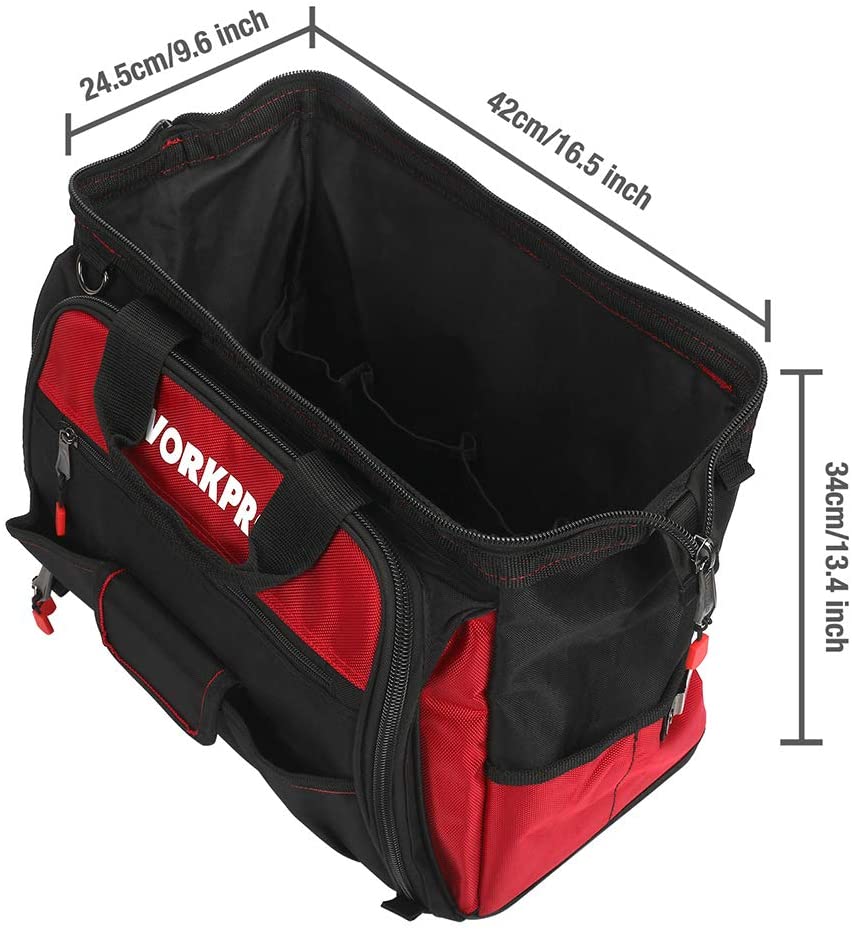 Open red-and-black tool bag with zipper top and interior organizer compartments