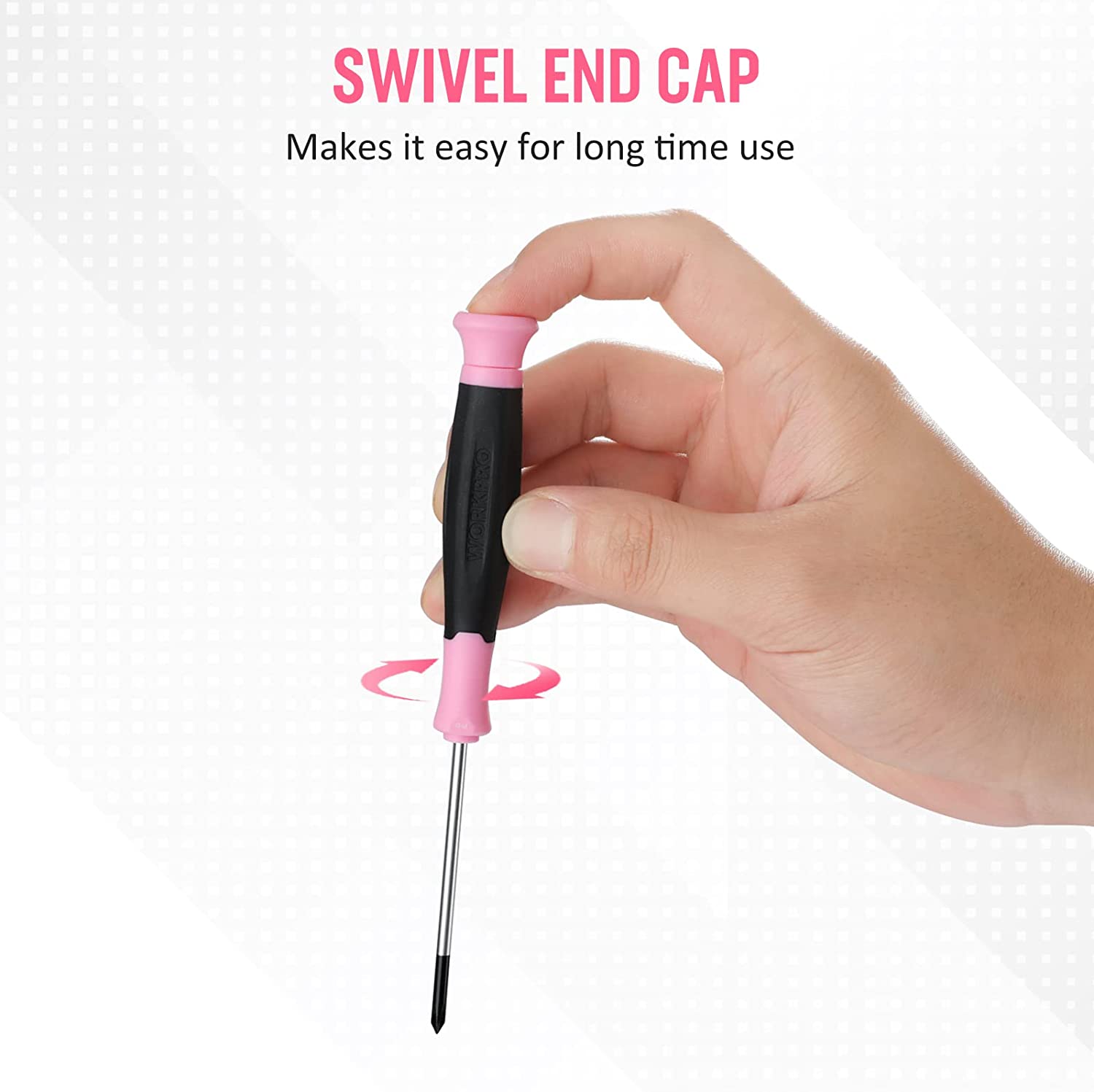 Precision screwdriver with pink swivel end cap, held by a hand