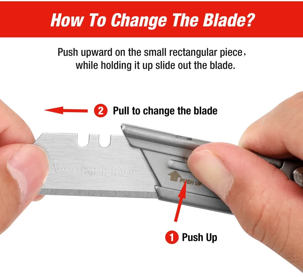 Mini folding utility knife with hands demonstrating push-up blade change on axis lock