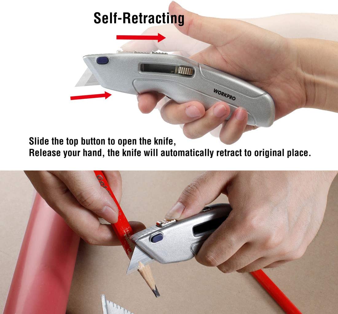 Retractable safety utility knife showing top slide and self-retracting design