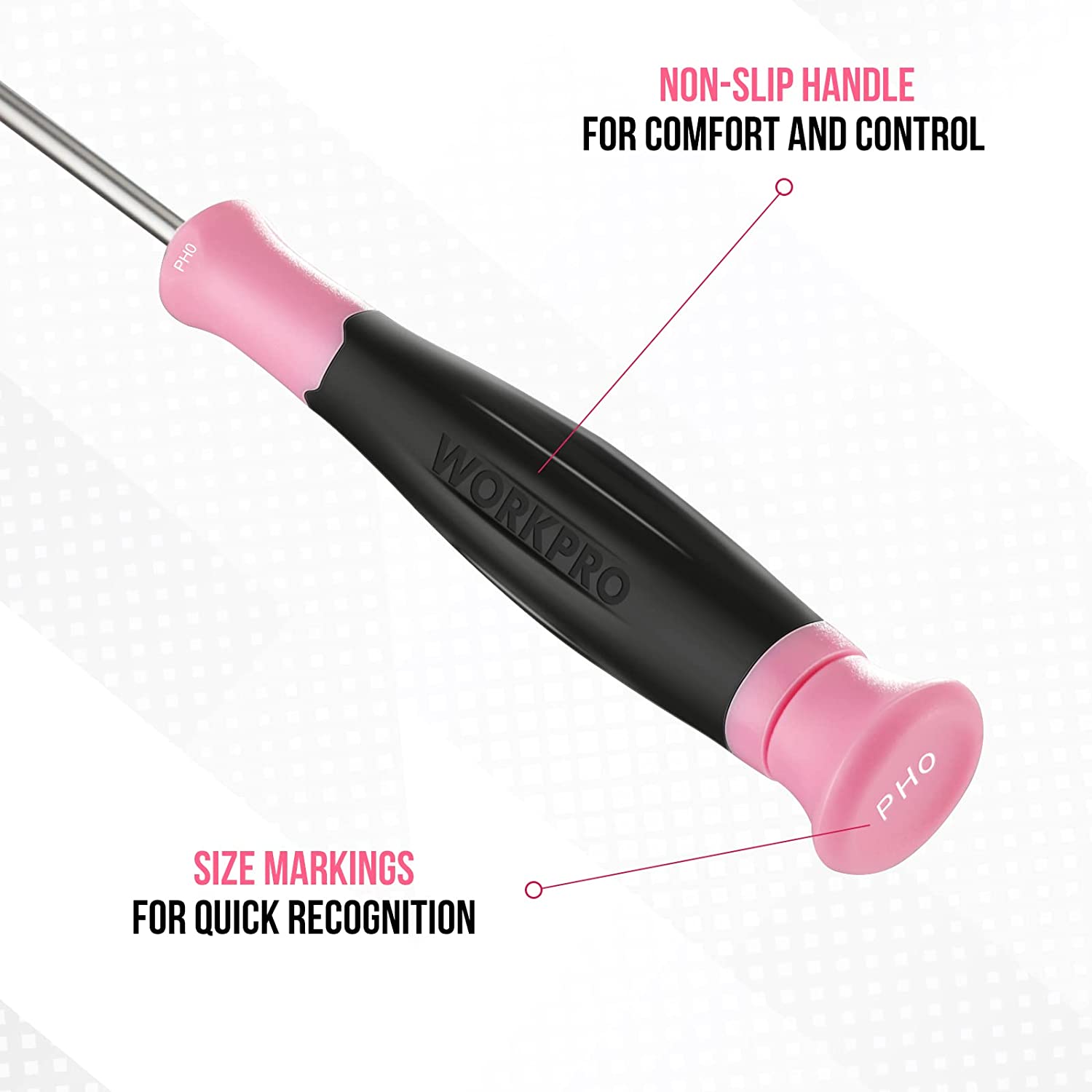 Non-slip precision screwdriver with pink grip, black handle, and size markings