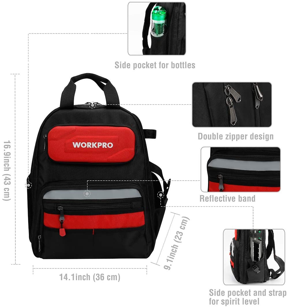 WORKPRO tool backpack with side bottle pocket, double zippers, and front red panel