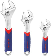 WORKPRO adjustable wrench set, three silver heads with blue handles and red grip