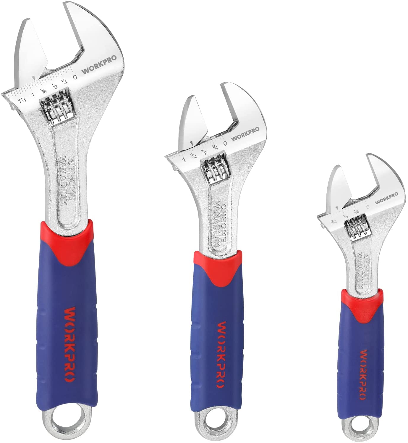 WORKPRO adjustable wrench set, three silver heads with blue handles and red grip