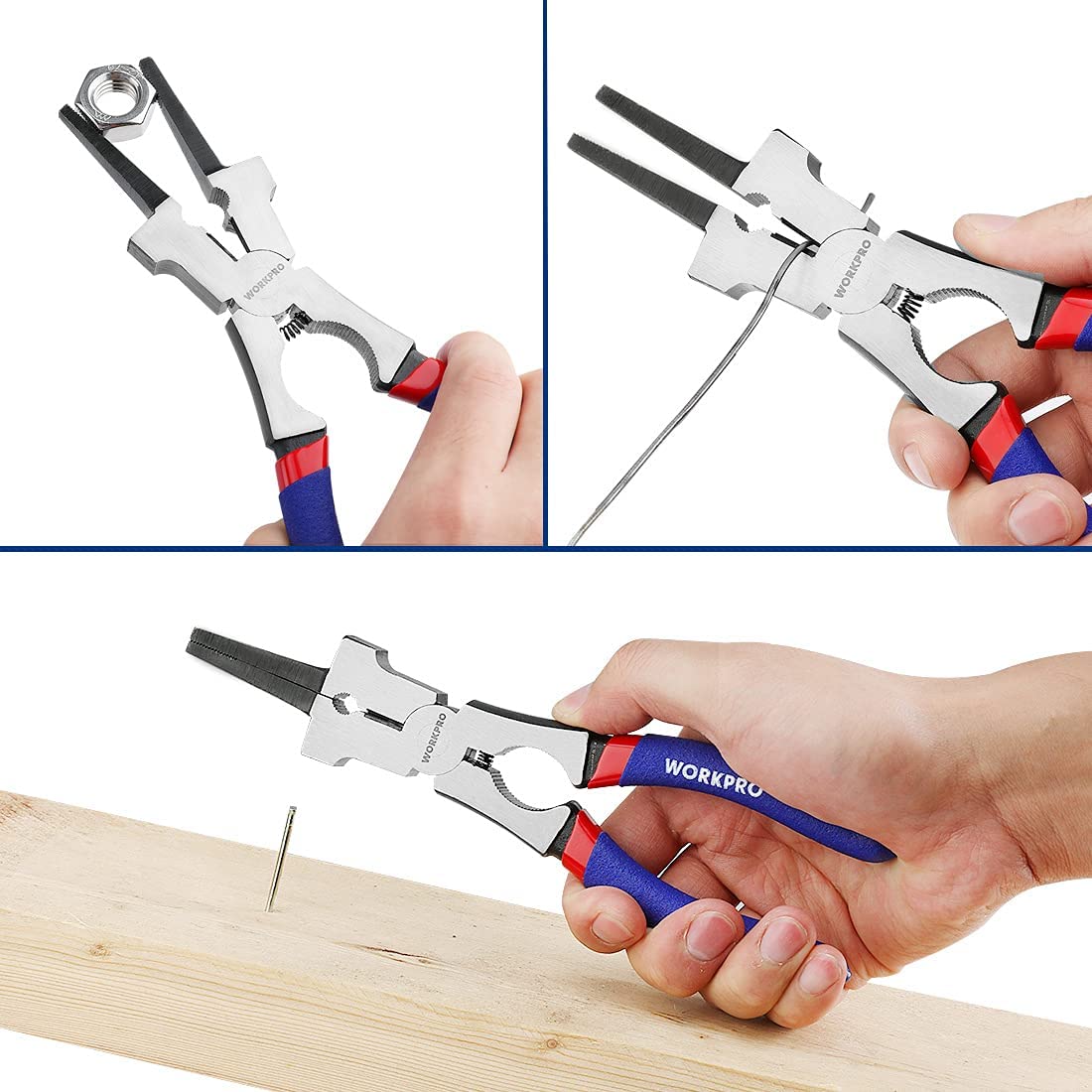 WORKPRO welding pliers held by hand, gripping a metal rod, blue/red handles