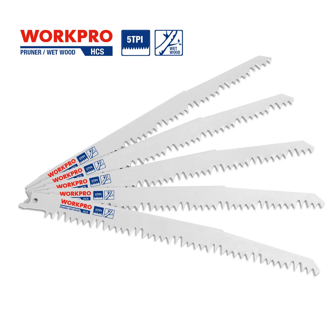 WORKPRO pruner blade set of five 9-inch HCS reciprocating blades, 5TPI teeth