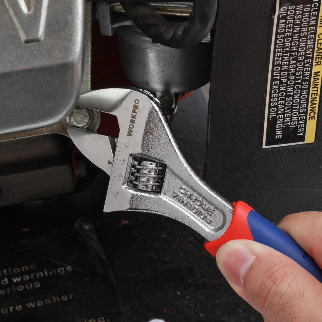 WORKPRO adjustable wrench head close-up with knurled adjuster, blue-and-red handle