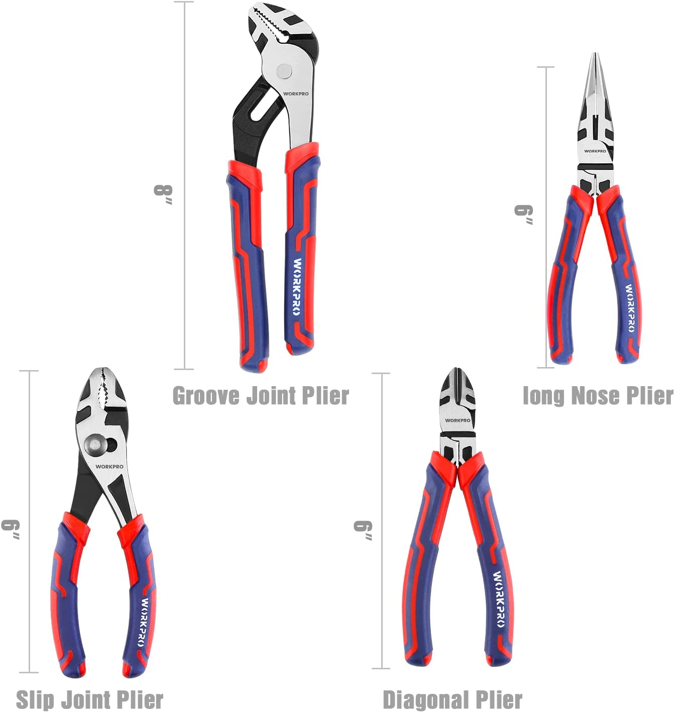 4-piece plier set: long-nose, diagonal, slip-joint, groove-joint; red and blue grips