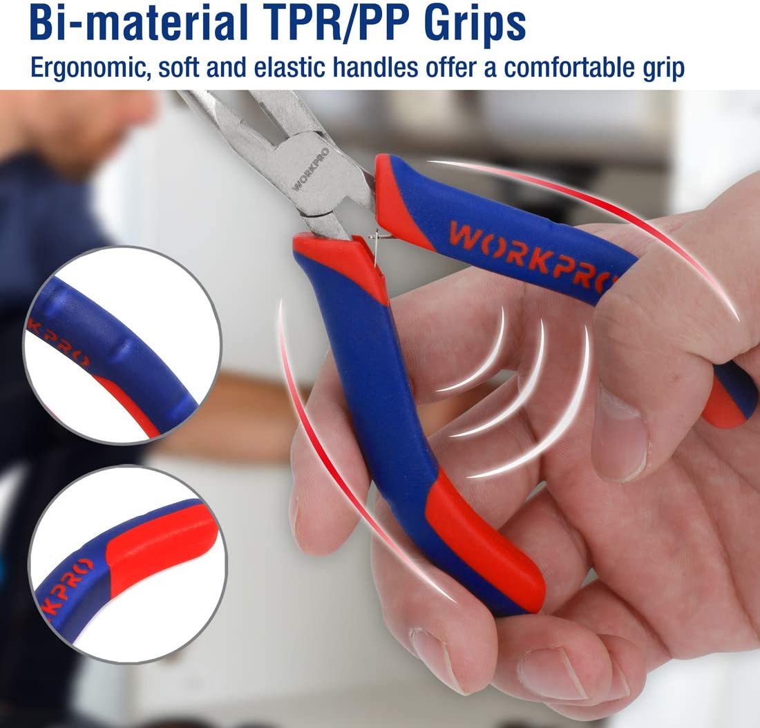 Long nose pliers with bi-material blue and red TPR grips