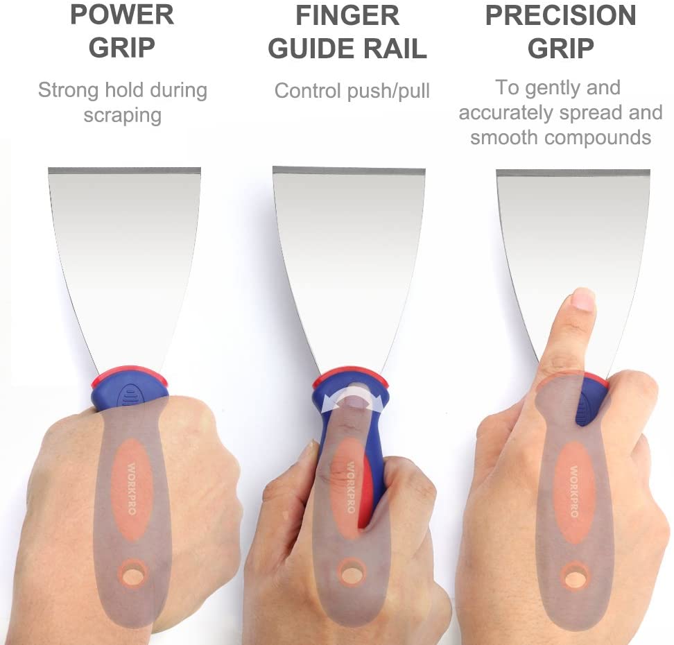 Three putty knives showing finger guide rail and precision spreading grip
