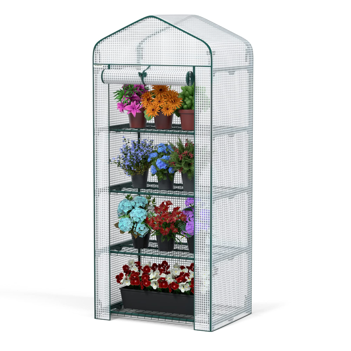 White mesh 4-tier mini greenhouse with arched top and green-framed zip door