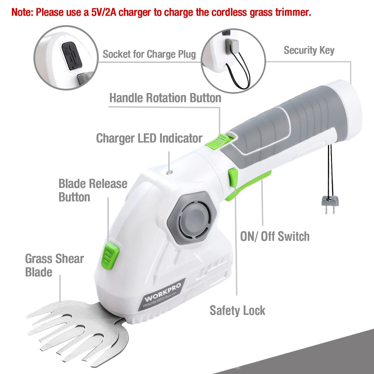 Cordless grass shear trimmer with white body, green accents, and comb-style blade