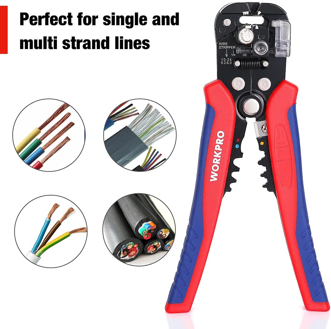 WORKPRO wire stripper/crimper pliers with diagram-style icons showing multi-strand wire