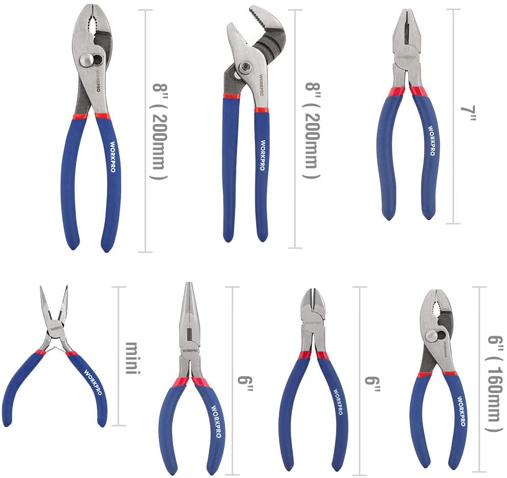 7-piece multifunction pliers set with blue handles, red accents, and silver metal heads