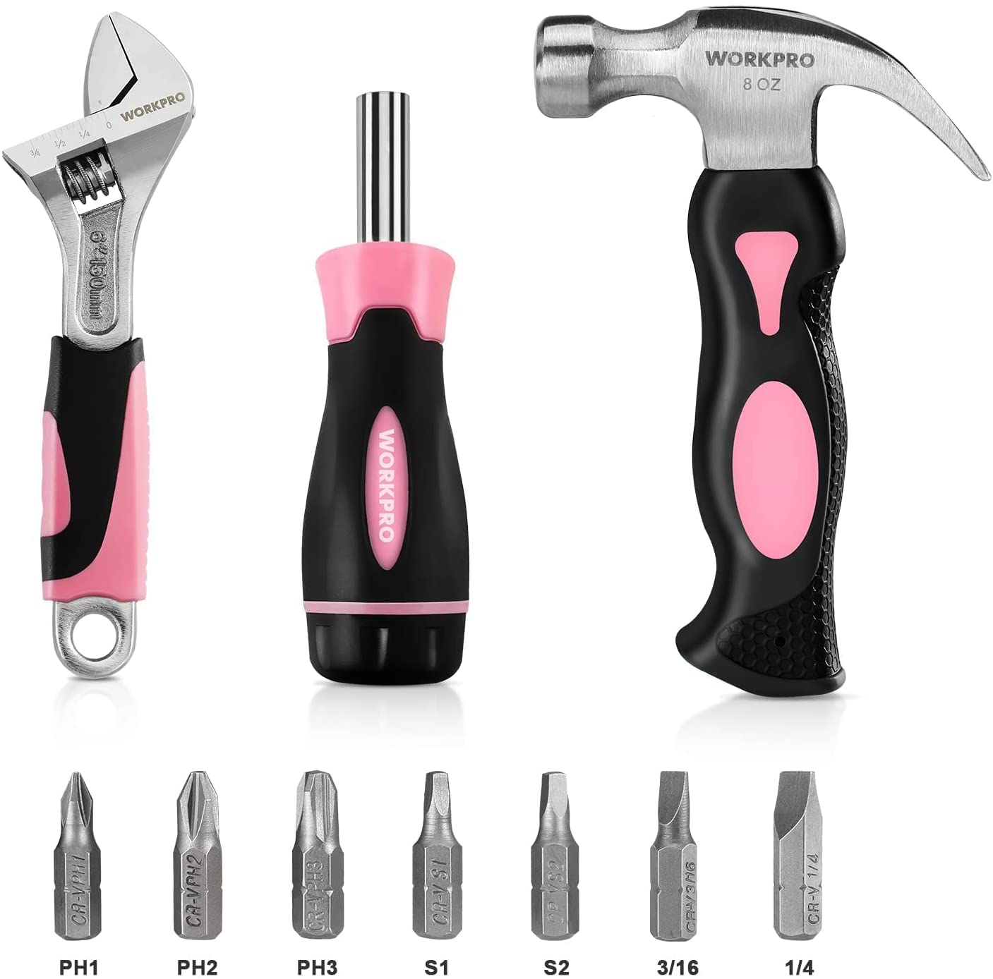 Pink and black household tools kit with hammer, adjustable wrench, and screwdriver bits