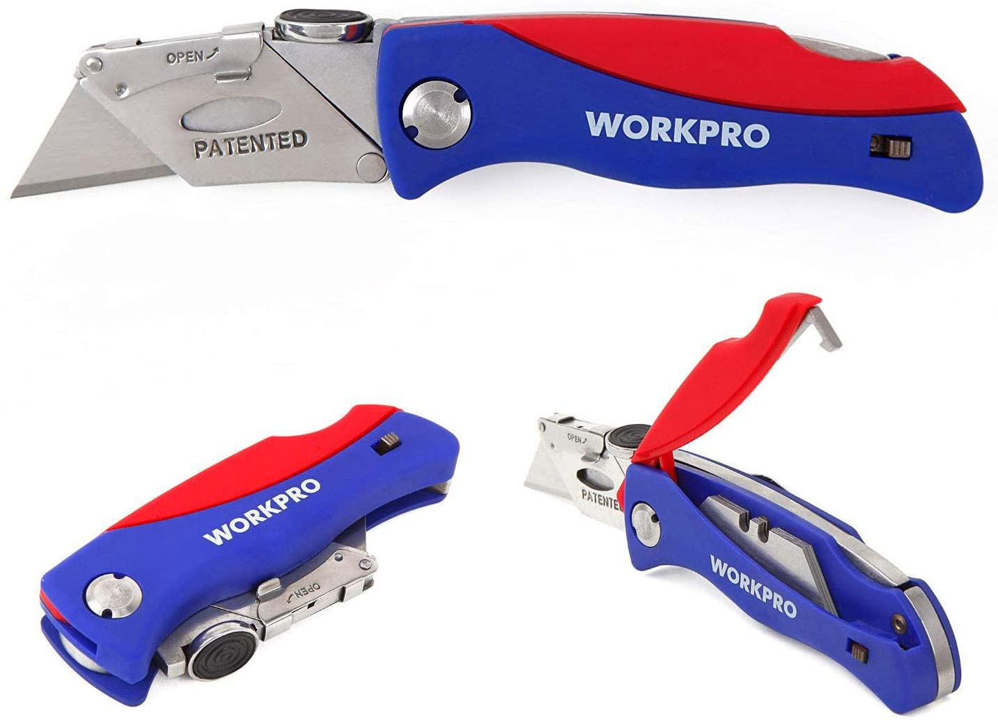 Folding utility knife with blue and red handle, silver blade and open storage shown