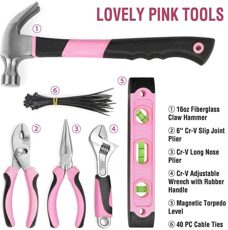 WORKPRO 103 Pcs Pink Tool Kit with Easy Carrying Round Pouch Perfect for DIY Home Maintenance