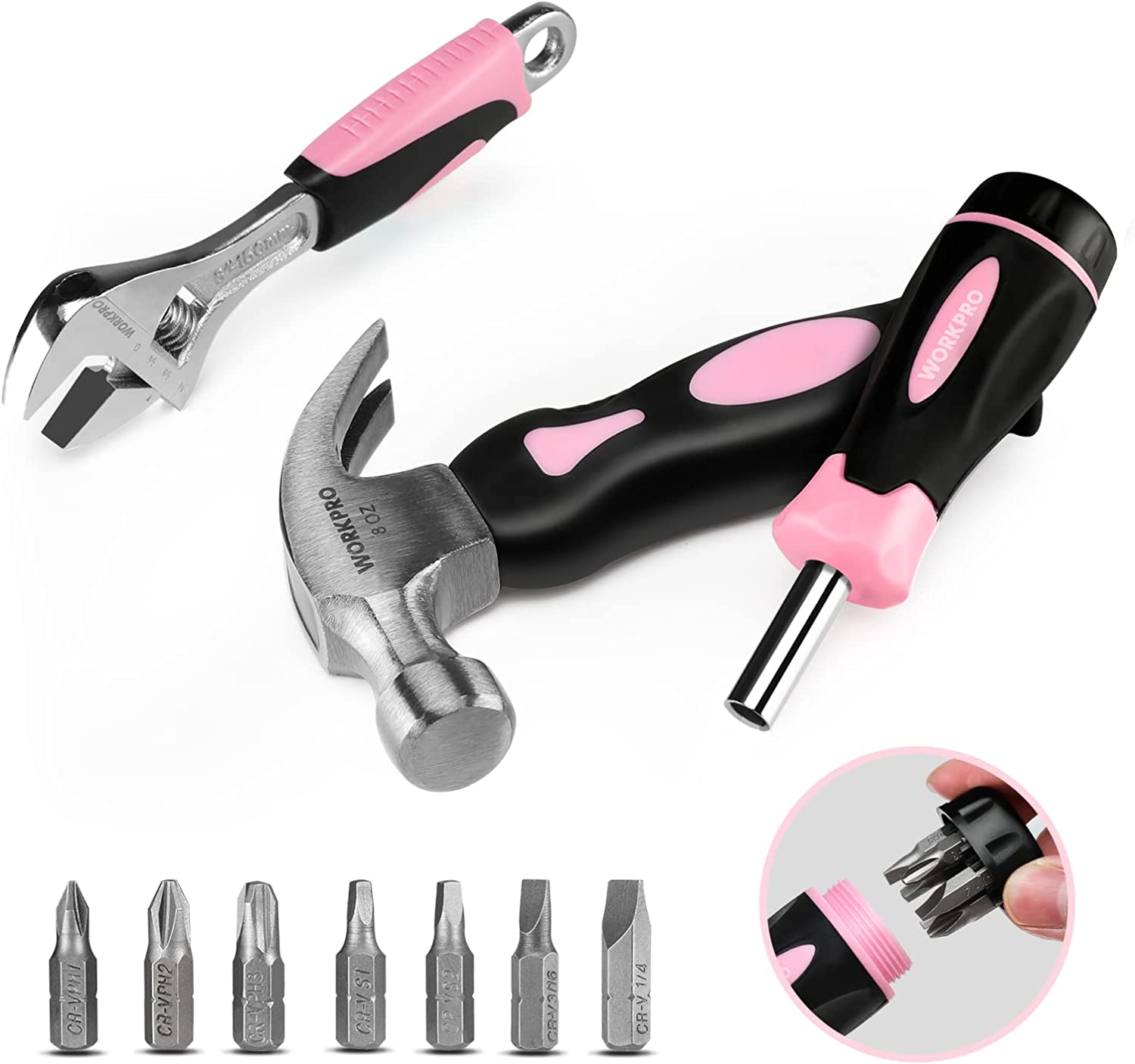 Pink and black handle screwdriver tool kit with socket bits and adjustable wrench