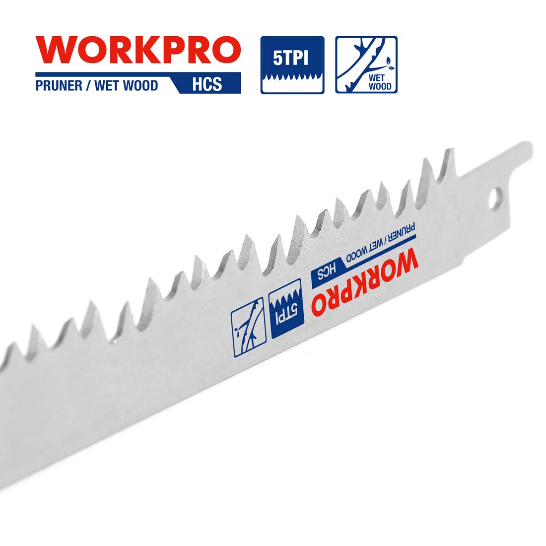 WORKPRO HCS reciprocating blade with 5TPI serrated teeth and mounting hole
