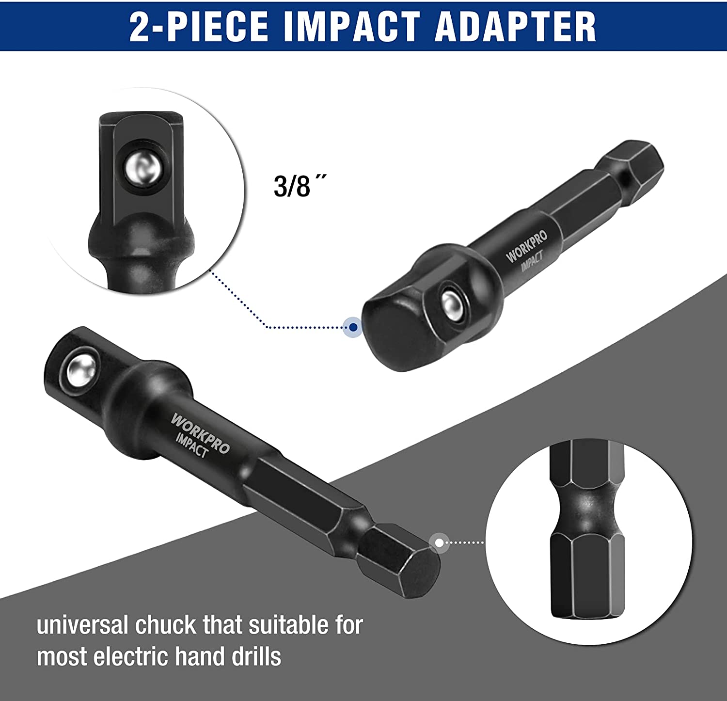WORKPRO 2-piece impact adapter with 3/8-inch drive and universal chuck