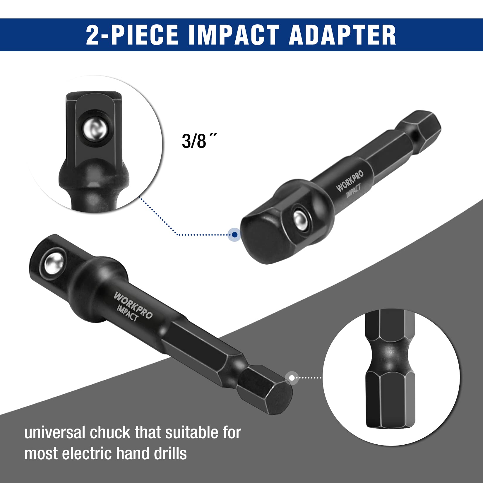 Impact adapter set with two 3/8 in drive chuck pieces for tool compatibility