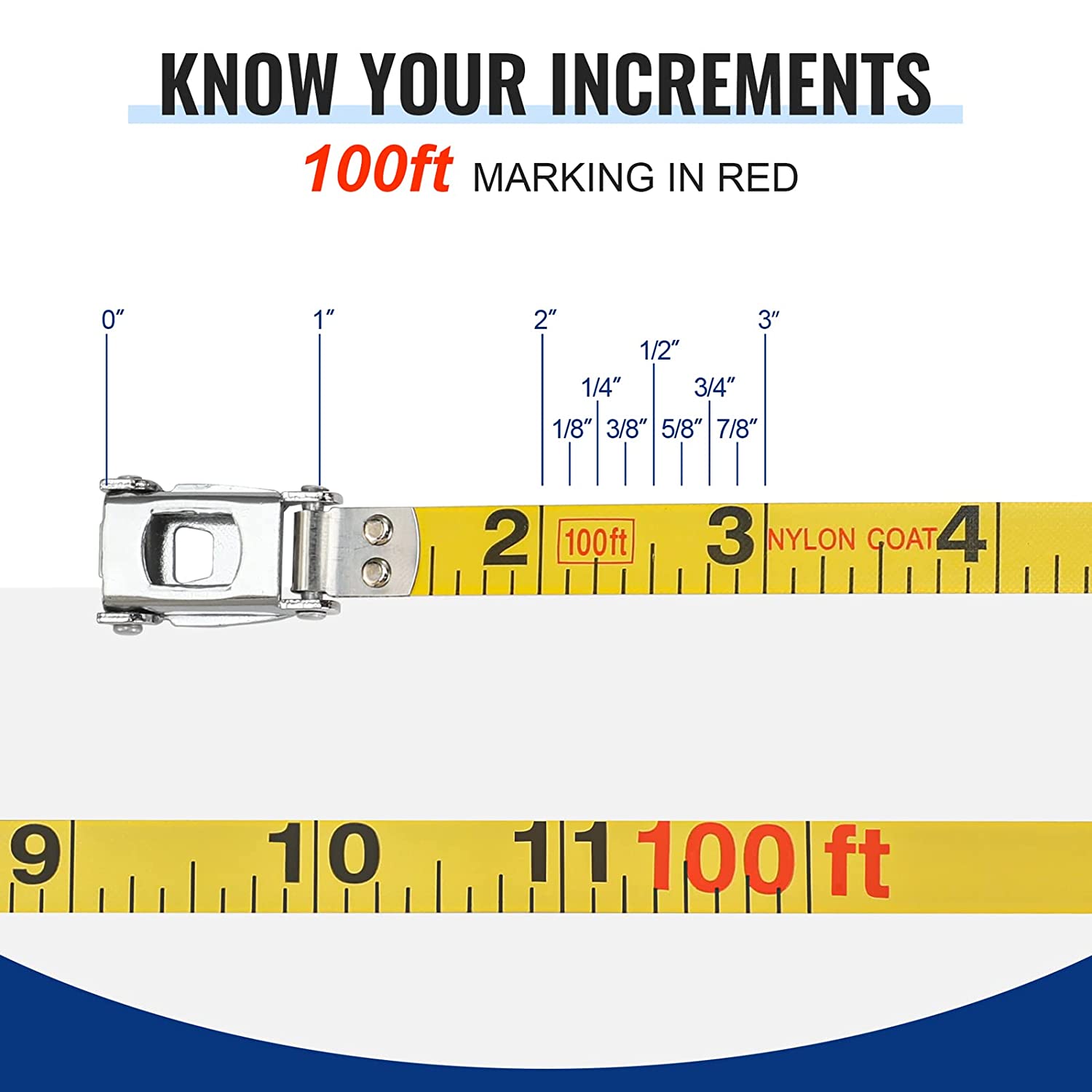 Steel tape measure with yellow tape and metal hook, close-up of inch markings