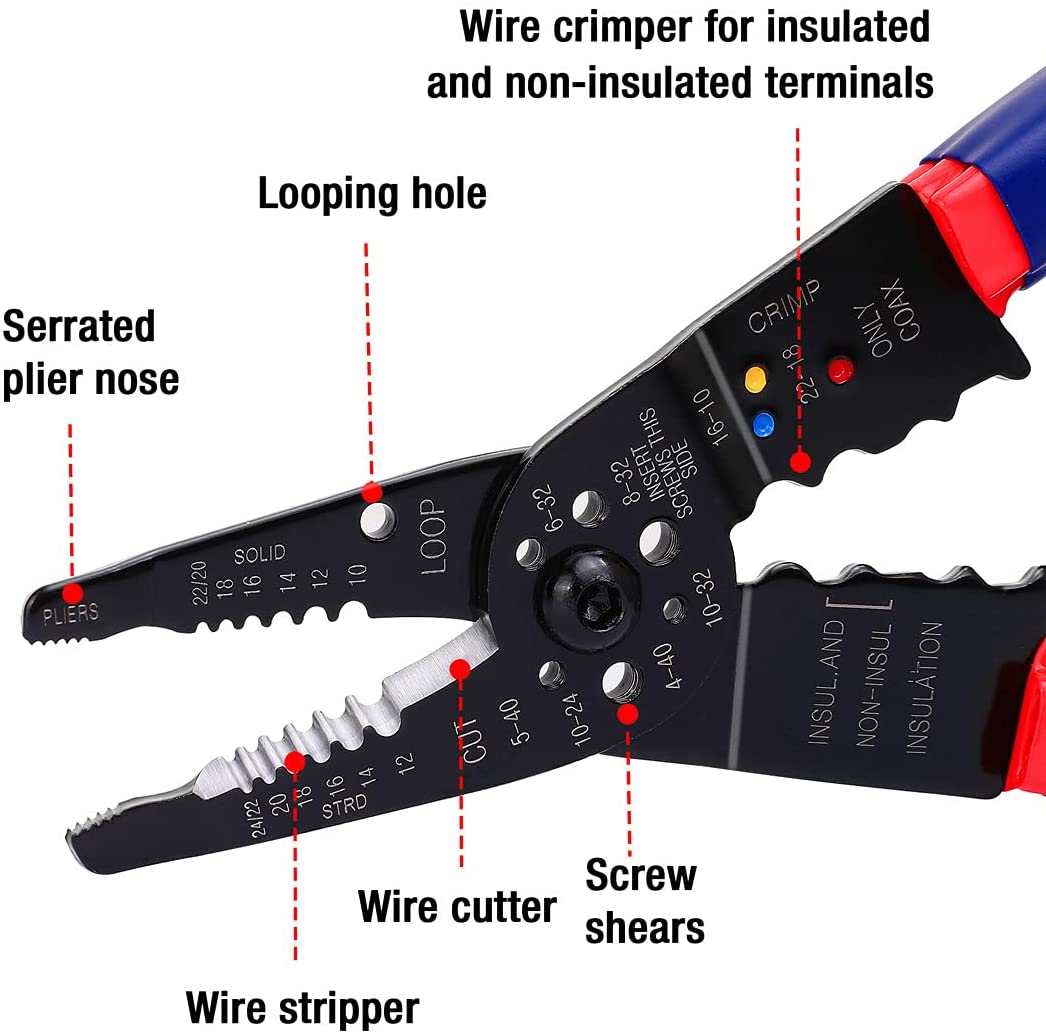 Wire stripper and crimper with serrated nose, wire cutter, and looping hole on black body