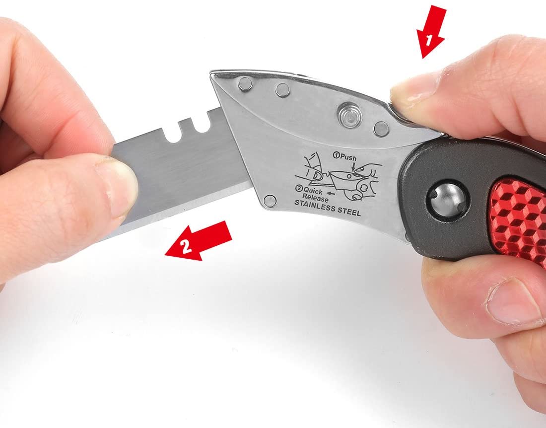 Folding utility knife with red textured handle; hand inserts stainless snap blade