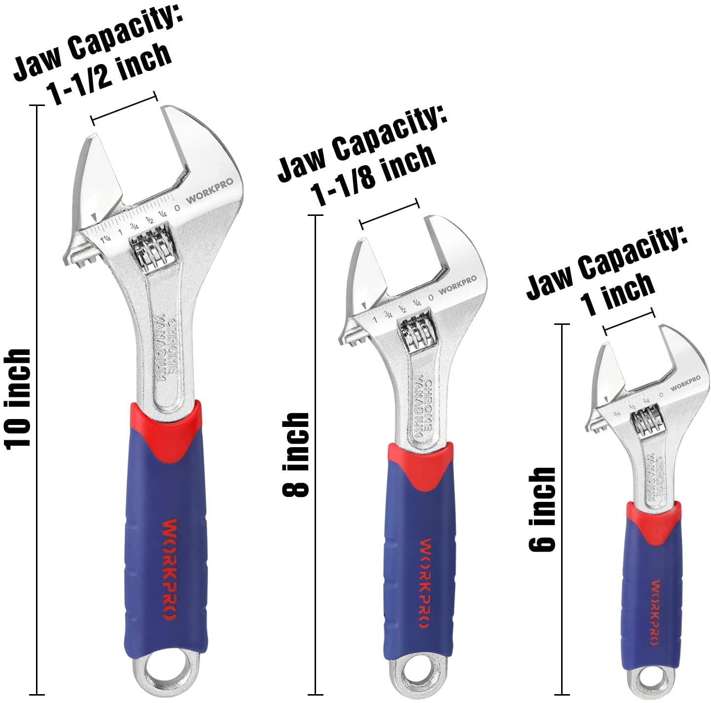 WORKPRO 3 Pcs Adjustable Wrench Set in chrome vanadium steel with slip-resistant bi-material handle, durable