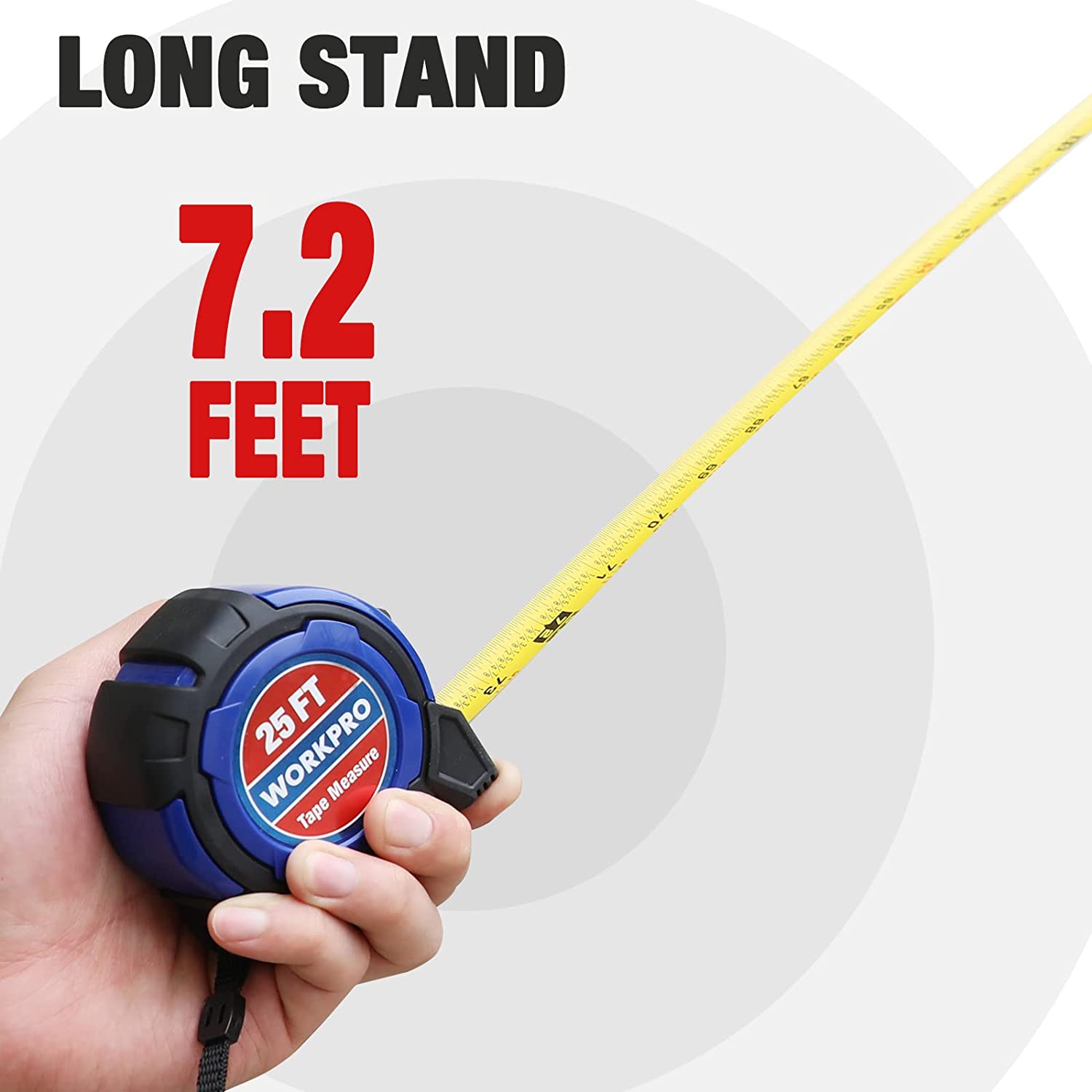 Retractable tape measure held in hand with extended yellow measuring blade