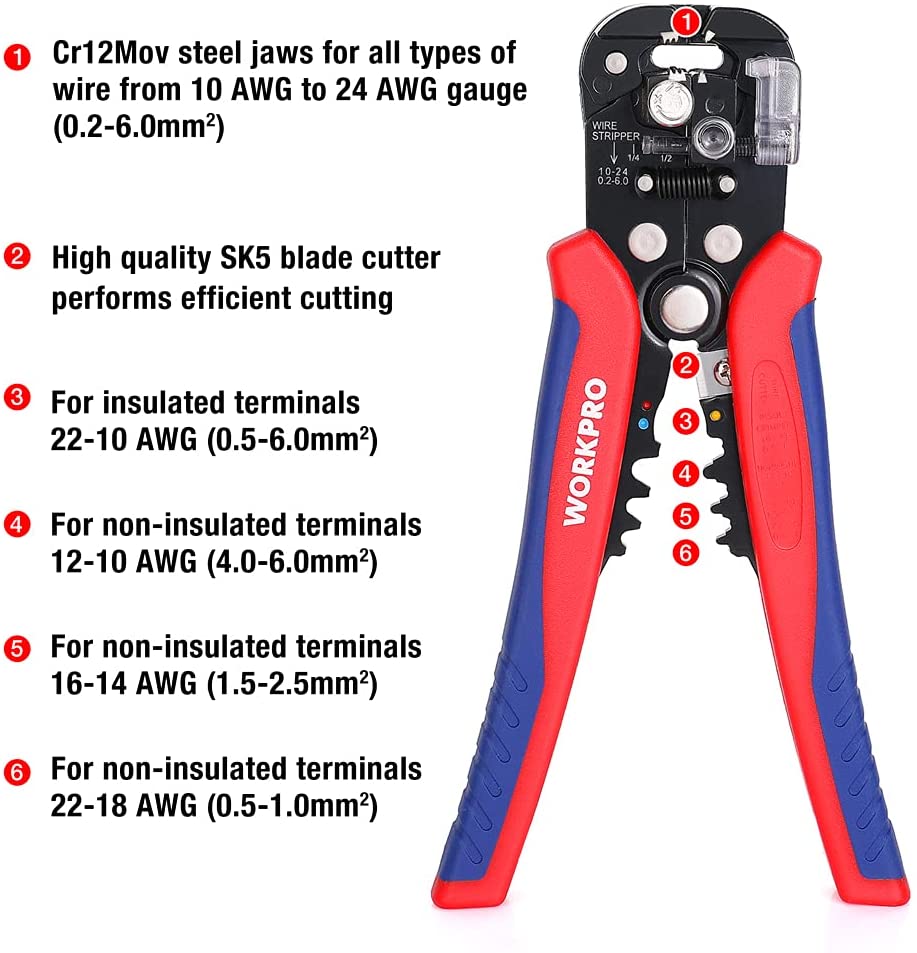 WORKPRO automatic wire stripper pliers with front adjustment dial and cutting/crimp jaws
