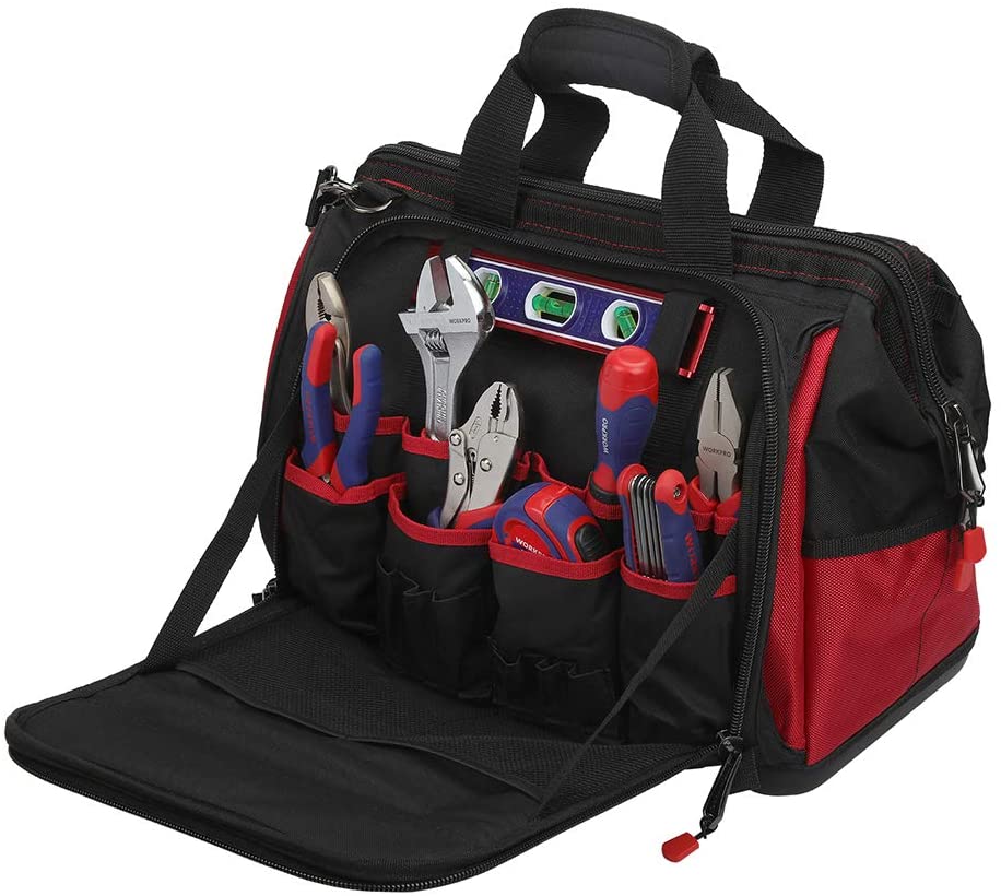 Red and black tool bag with front organizer pockets, holding assorted hand tools
