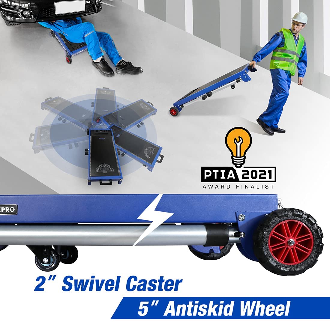 Blue miter saw stand with swivel caster wheels and anti-skid wheel base