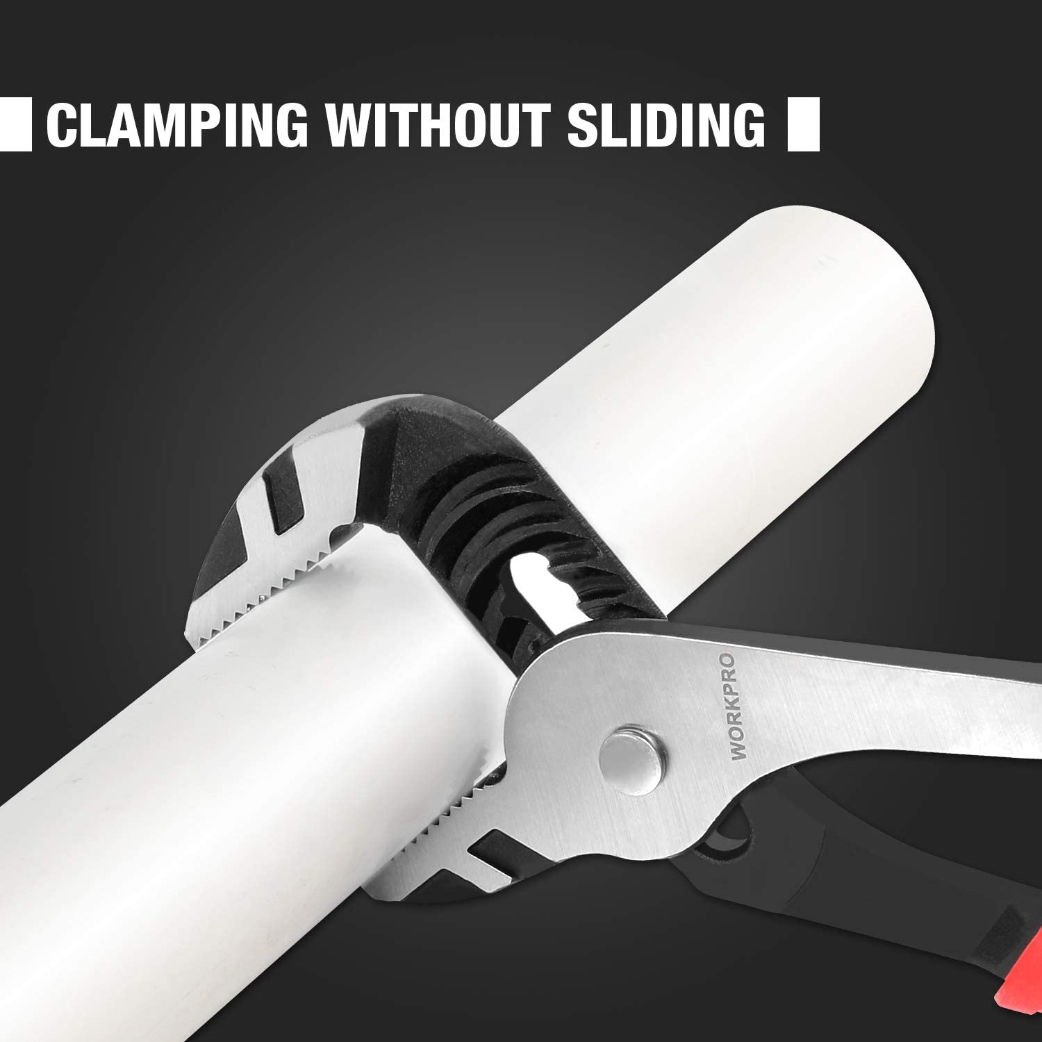 WORKPRO groove joint pliers clamping jaw close-up on light-colored pipe, red handle