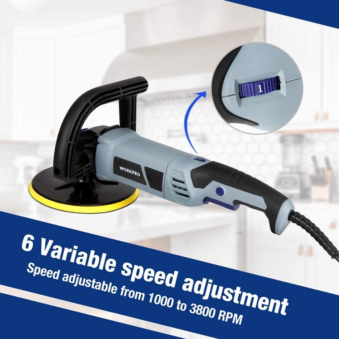 Buffer polisher with round yellow pad and side handle against a cabinet backdrop