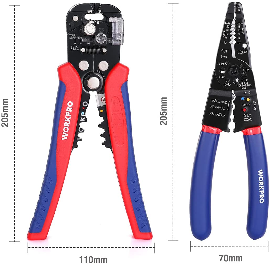 Wire stripper tool with red and blue handles and black head, marked wire gauges