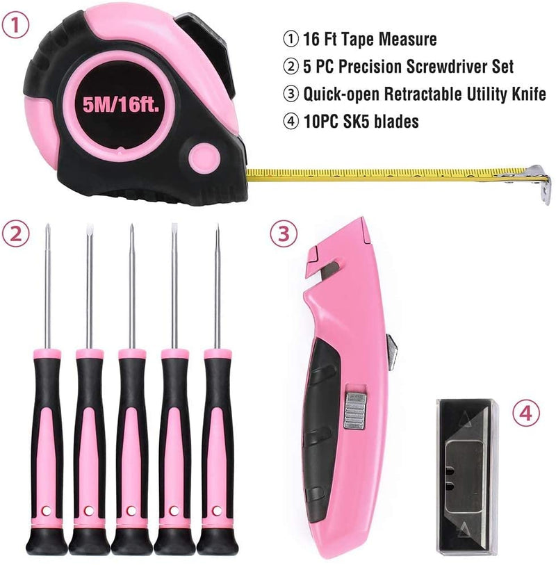 WORKPRO 103 Pcs Pink Tool Kit with Easy Carrying Round Pouch Perfect for DIY Home Maintenance - Pink Ribbon
