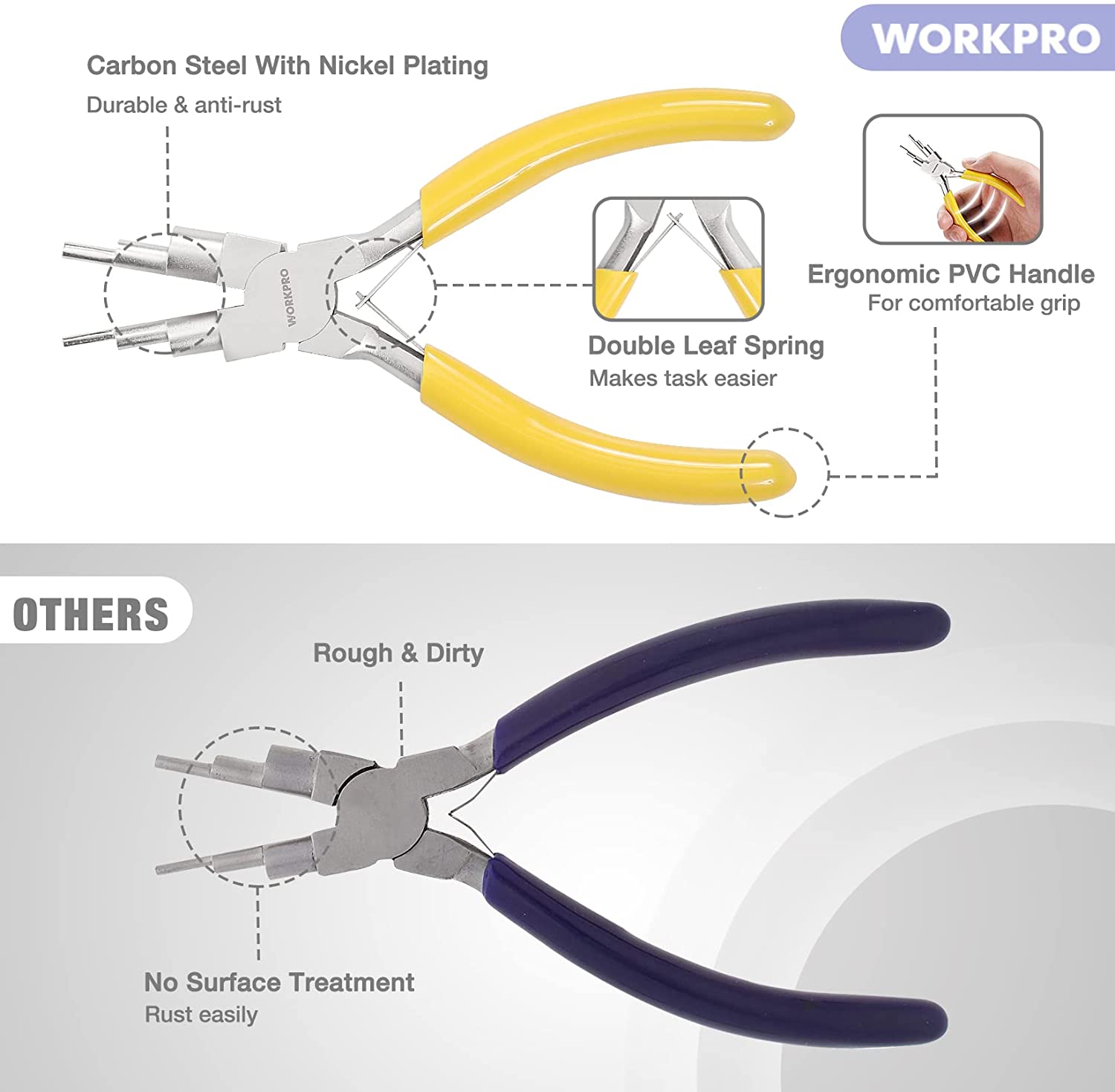 Nylon nose jewelry pliers with yellow and white ergonomic PVC handle