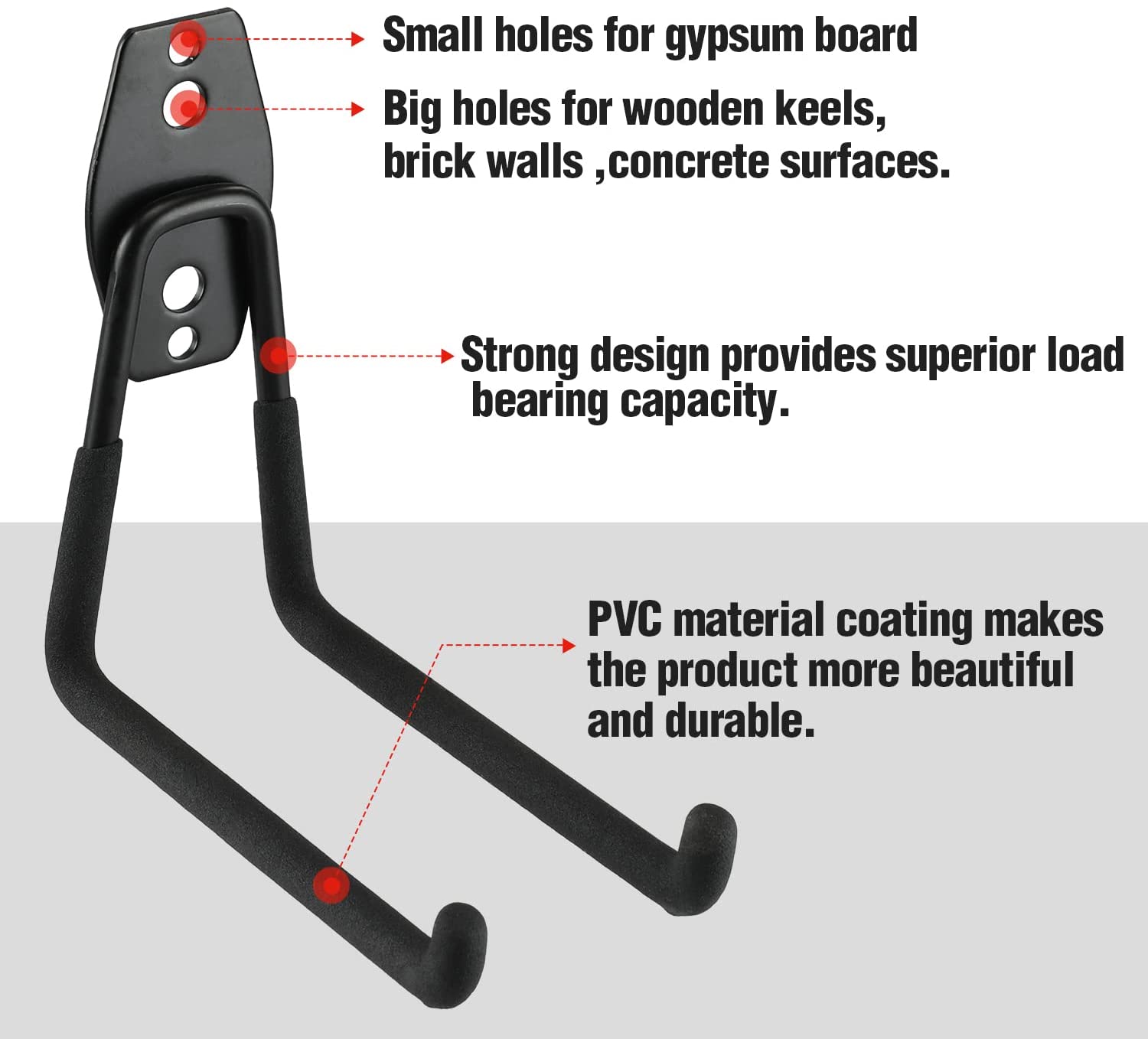 Black double-prong wall mounting hooks with plate and strong coated steel design