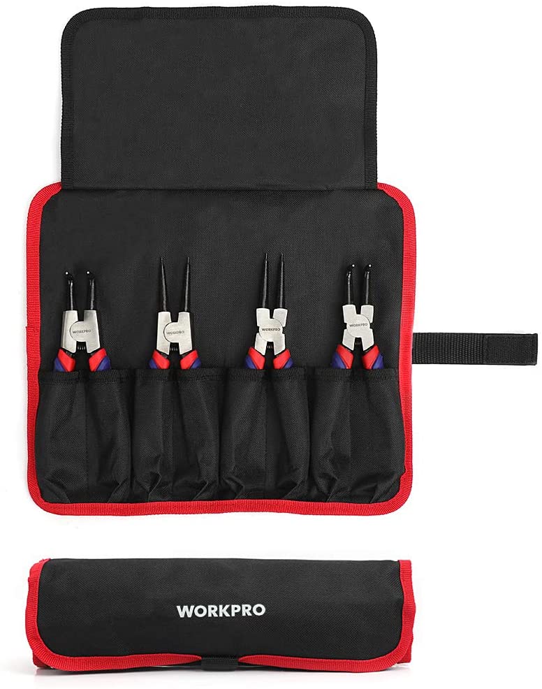 Snap ring pliers set in black zip pouch with four tool slots and red trim
