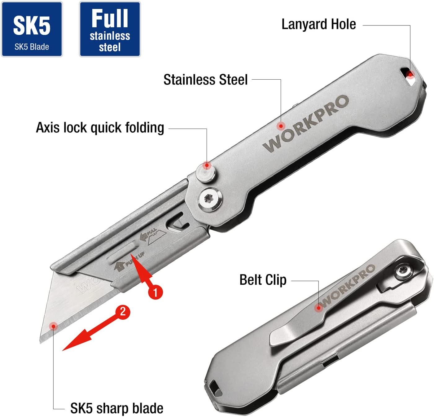 Mini stainless steel folding knife with belt clip, axis-lock hinge, and lanyard hole