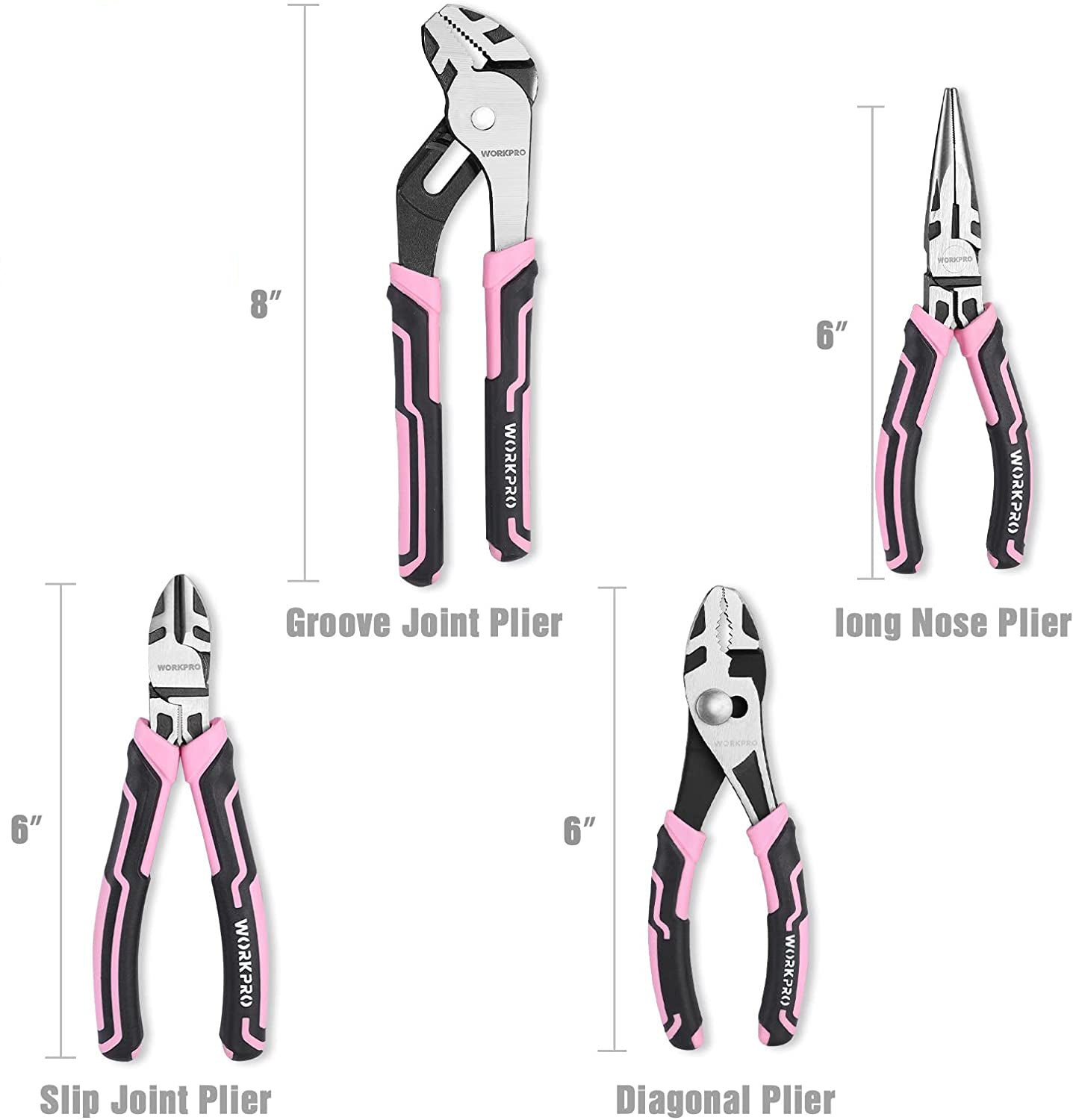 Four-piece pink pliers set with illustrated sizes: groove joint, slip joint, diagonal, long nose