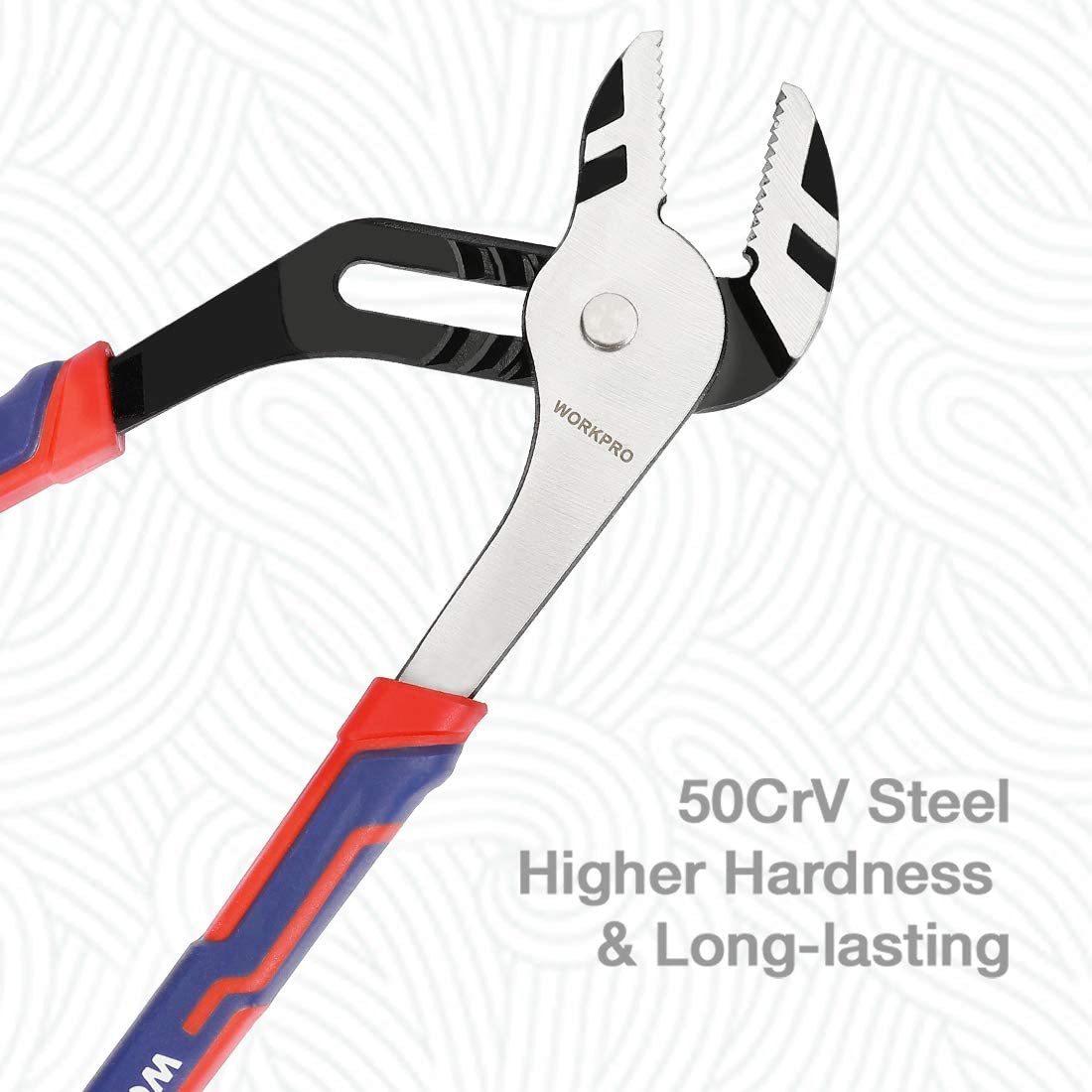Groove-joint pliers with serrated jaws and red/blue bi-material grips, angled view