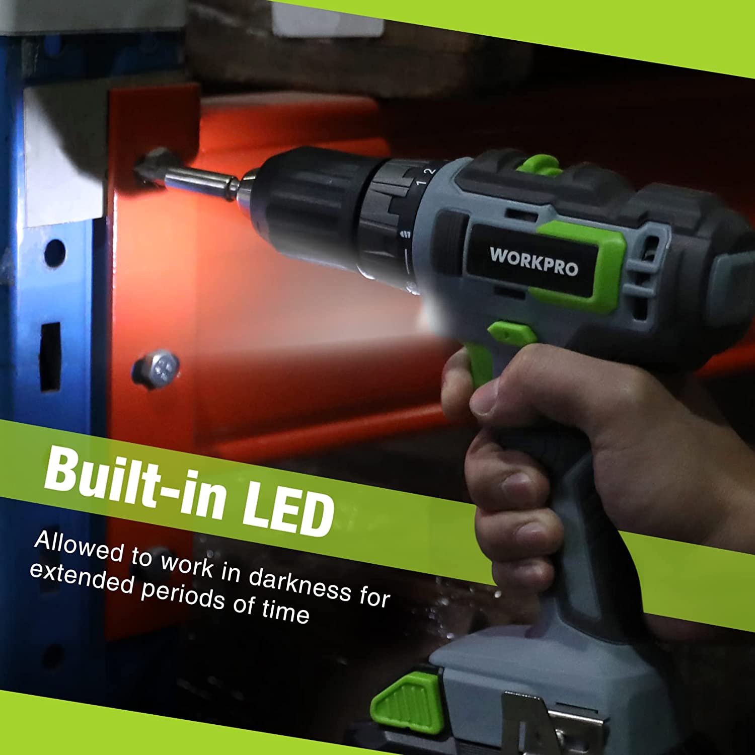 Cordless drill driver with built-in LED light for drilling in low light