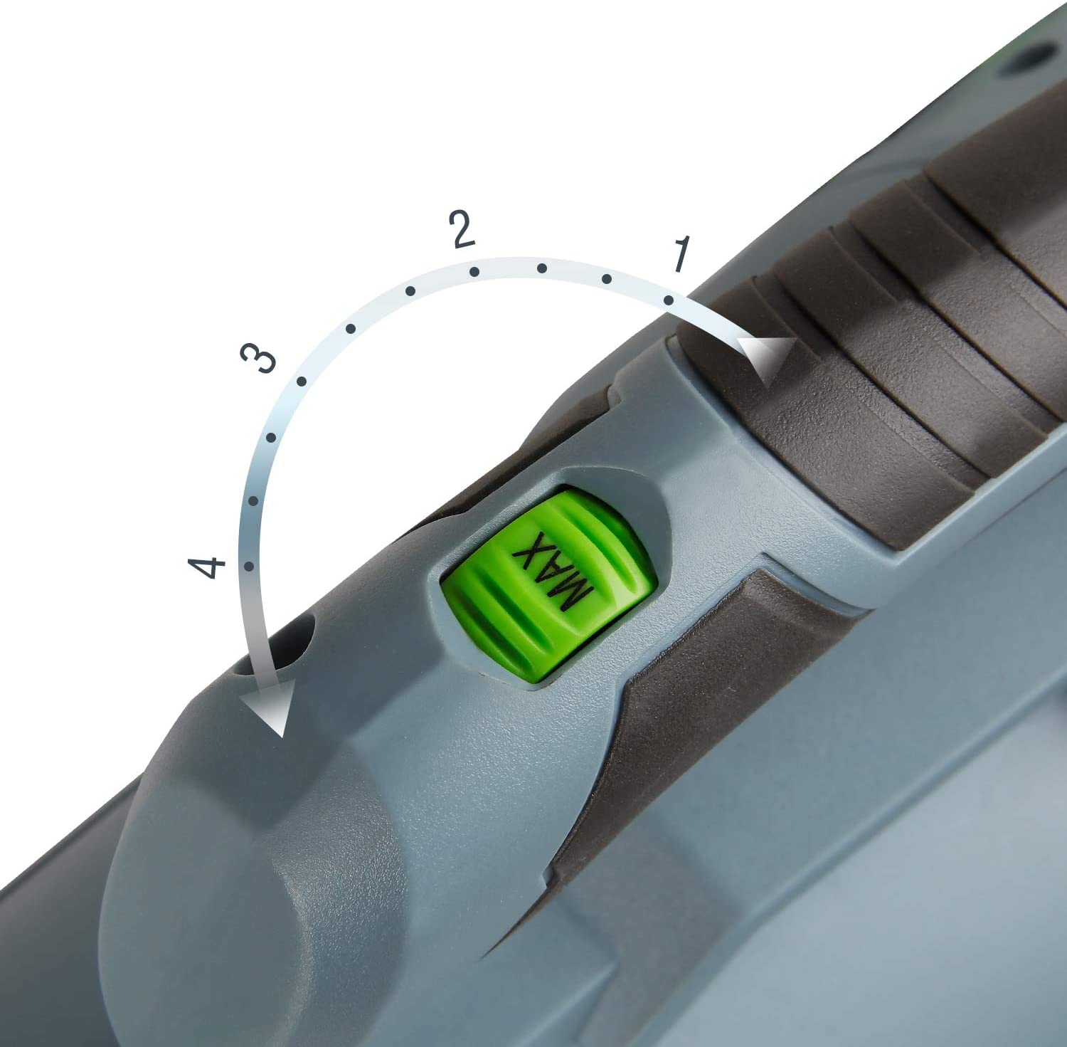 Cordless leaf blower speed dial detail on light blue housing with green indicator