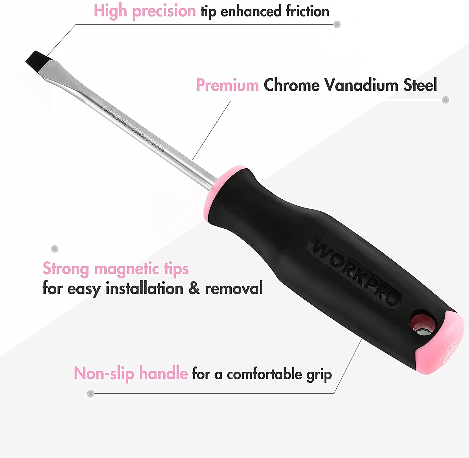 WORKPRO magnetic screwdriver with chrome vanadium steel shaft and non-slip pink handle