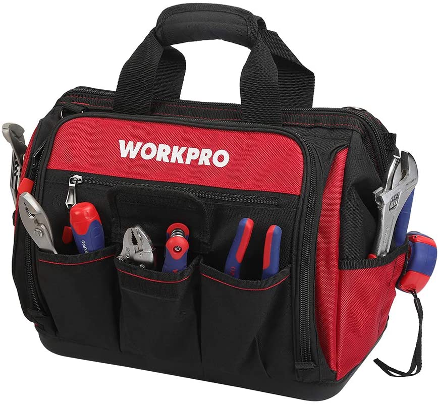 Red and black WORKPRO tool bag with front organizer pockets and side tool holders