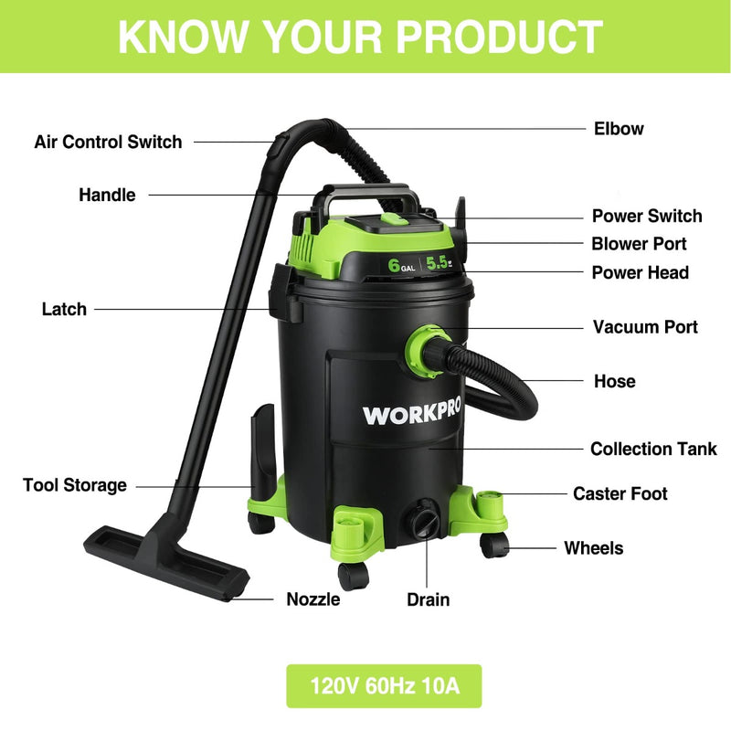 WORKPRO 6 Gallon Shop Vacuum 5.5 Peak Horsepower Shop Vac Cleaner with HEPA Filter Hose and Accessories