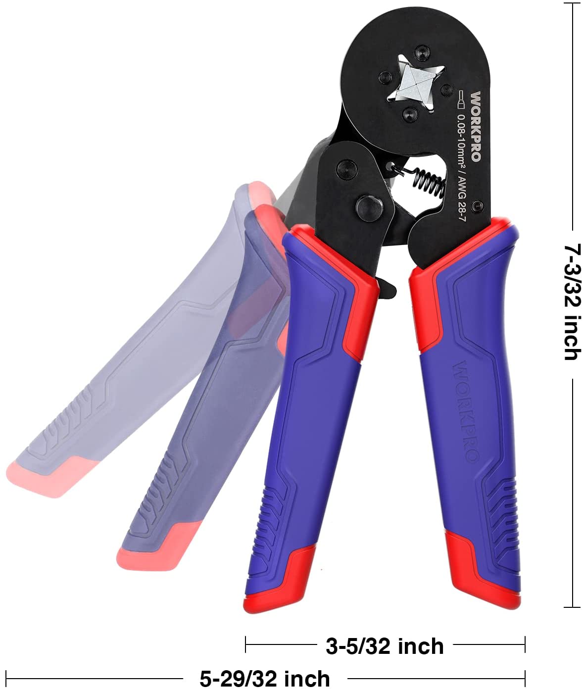 Ratchet wire crimping tool with self-adjusting jaws, blue and red handles