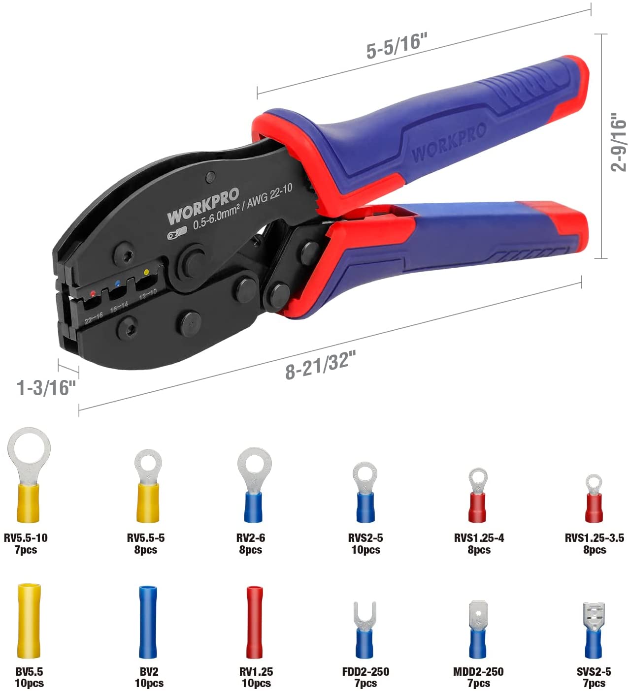 WORKPRO crimping tool kit with blue and red insulated handles, black die head